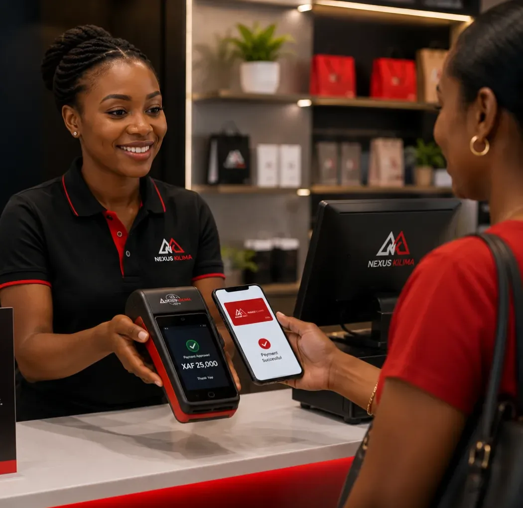 A customer tapping to pay on a Nexus Kilima terminal at a shop counter