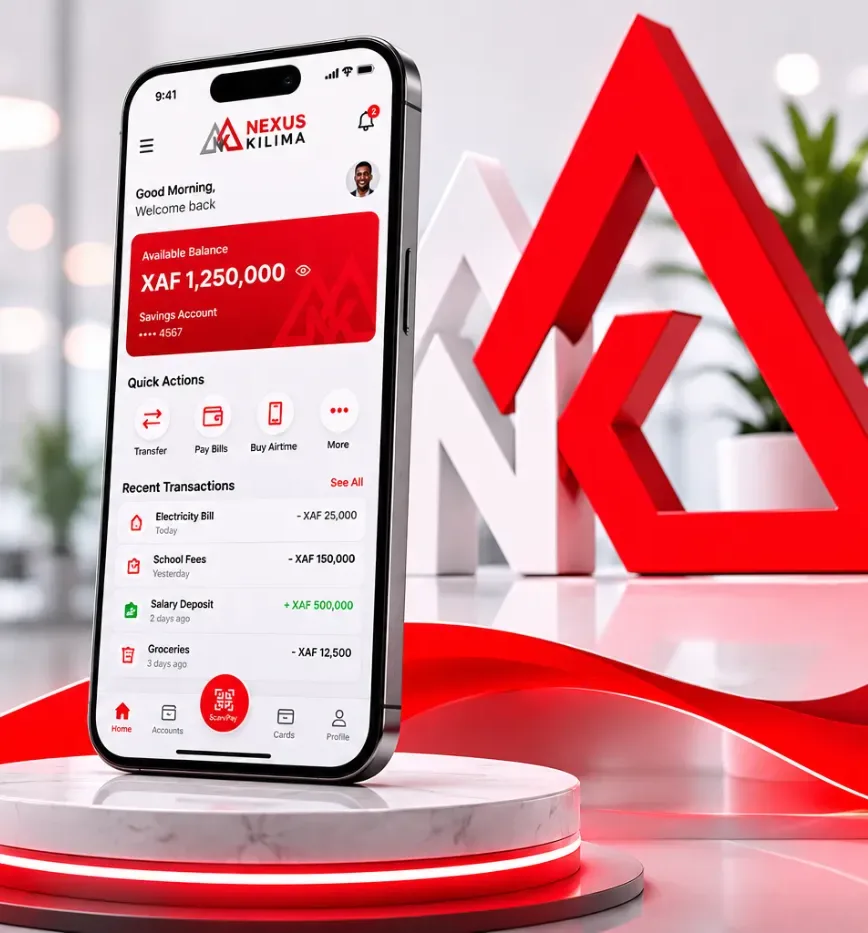 The Nexus Kilima app shown on a phone against a branded backdrop