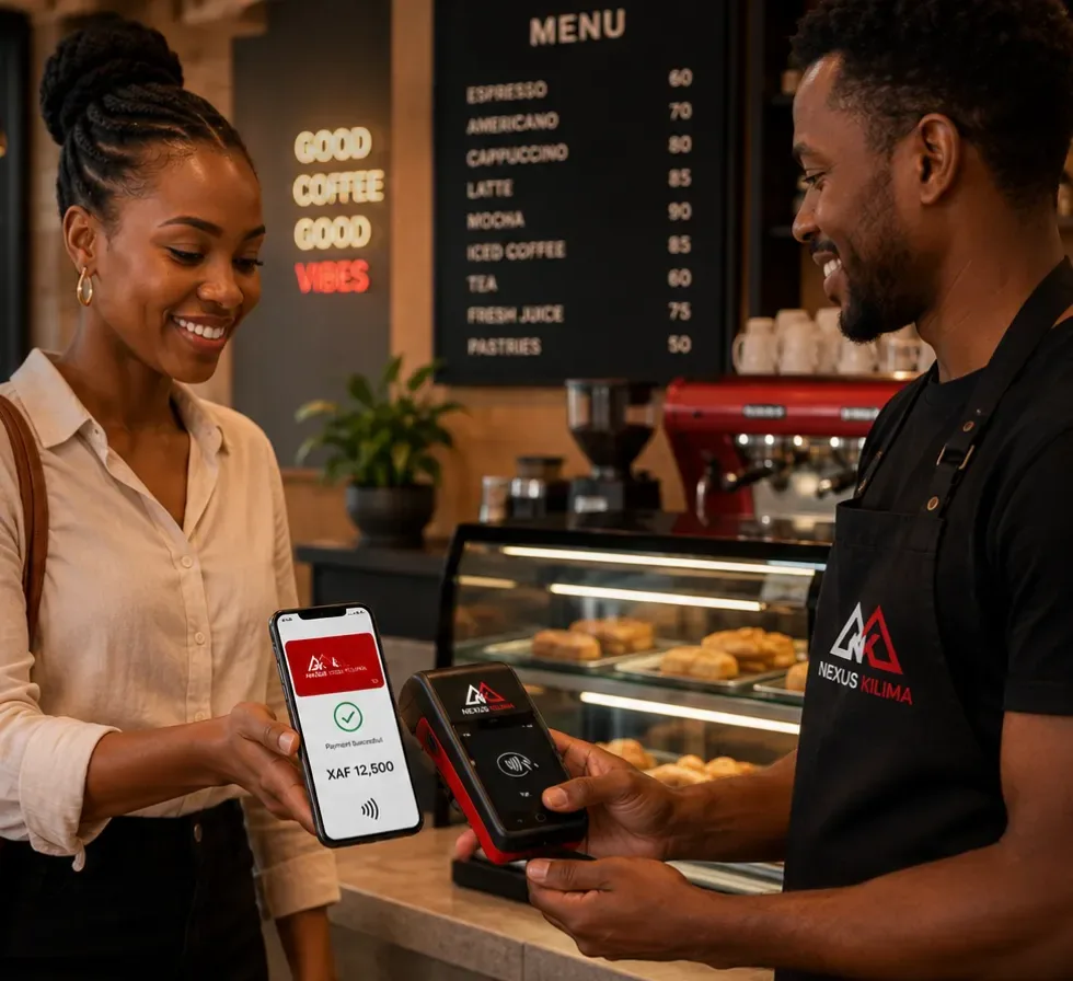 A shopper paying contactlessly with the Nexus Kilima mobile wallet