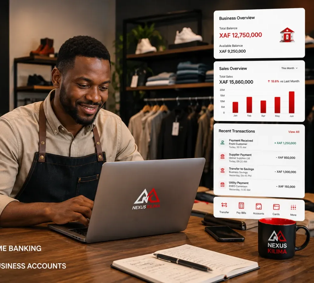 An SME owner checking business sales on a laptop in their shop